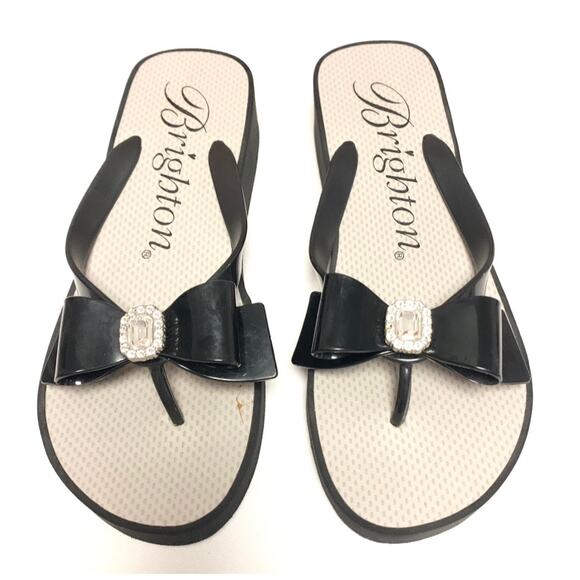 BRIGHTON Bowie Wedge Womens Shoes Black Flip Flops Black Bow & Rhinestone Sz. 10 - Picture 1 of 9